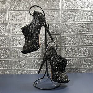 Lauren Lorraine Black Studded Rhinestone Sparkle Heeled Booties Pumps